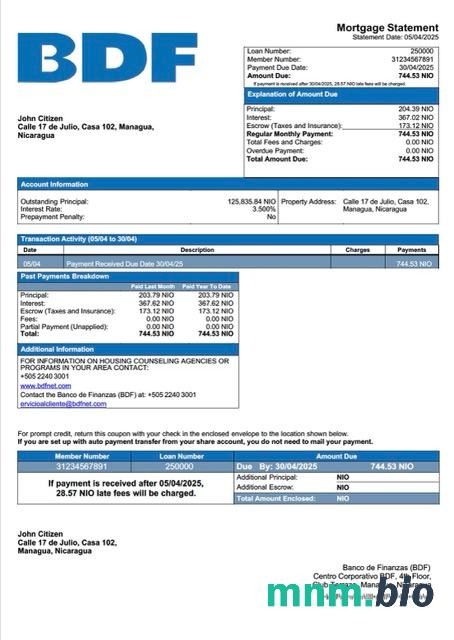 Nikaragua Banco de Finanzas (BDF) wyciąg z kredytu hipotecznego szablon Word i PDF